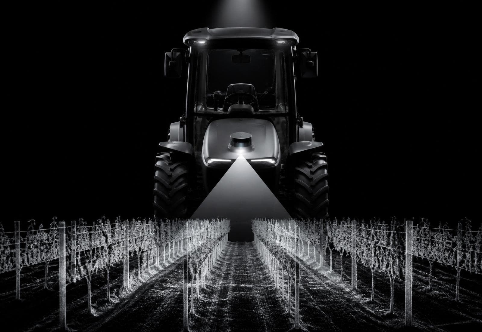 Tractor de viña con el kit W-1 escaneando las hileras del viñedo de noche